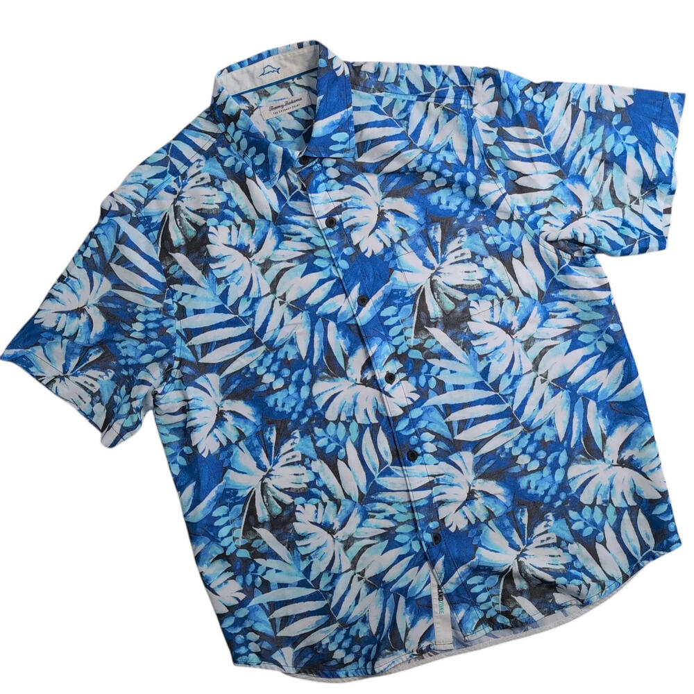 Tommy Bahama Shirt Mens Large Blue Coconut Point Hawaiian Floral‎ Button Up